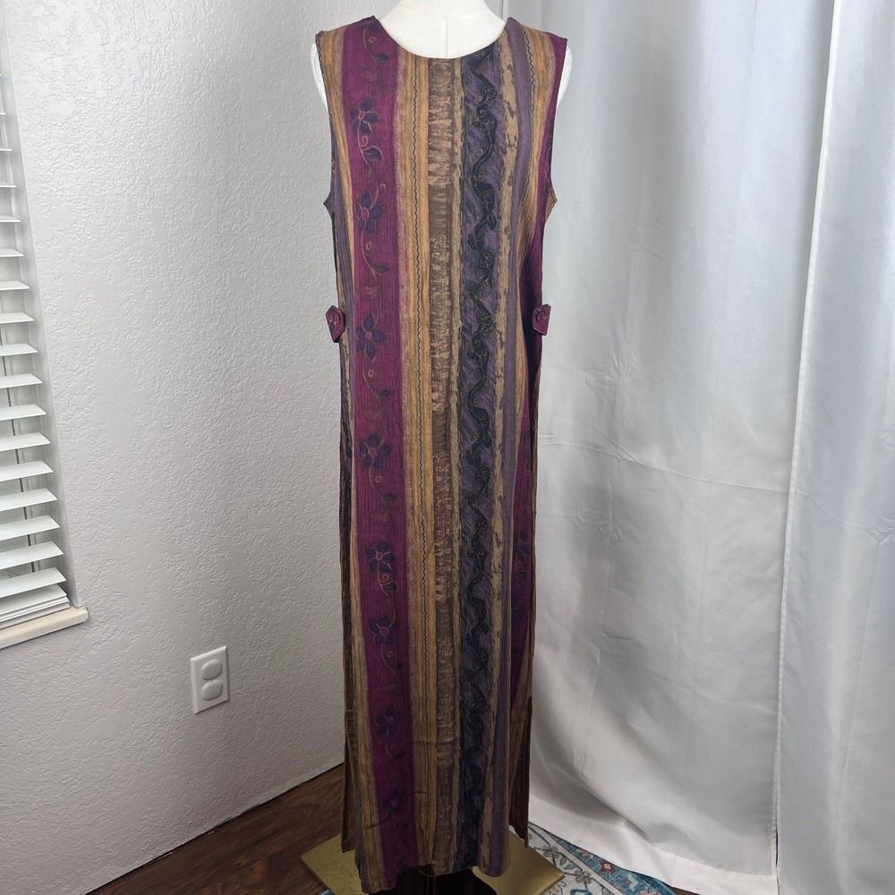 VTG Maxi Dress Womens Medium Rayon Floral Striped Indie Grunge Boho Retro